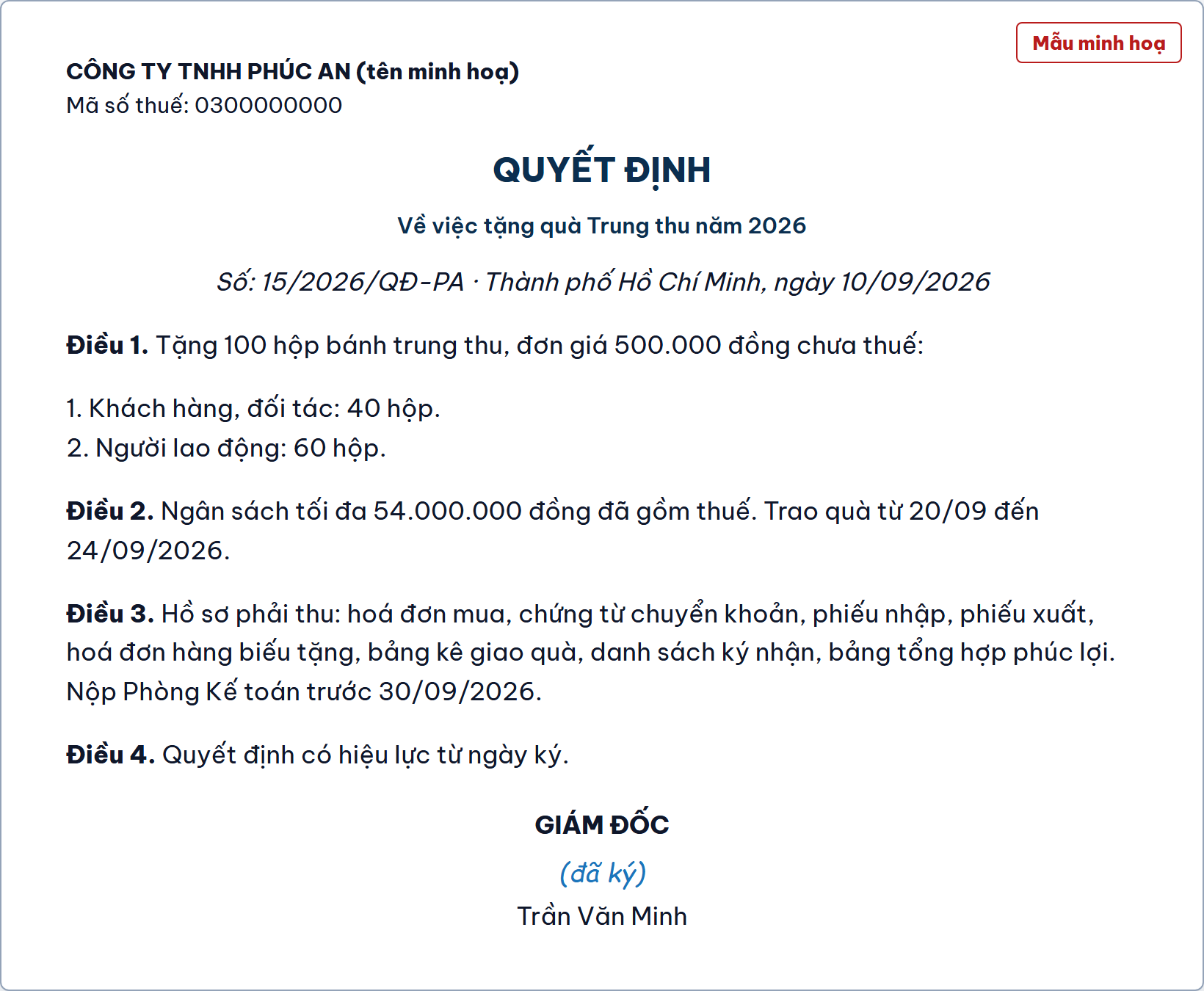 Quyết định tặng quà Trung thu, ký trước ngày mua, mẫu minh hoạ của Công ty TNHH Phúc An (tên minh hoạ)