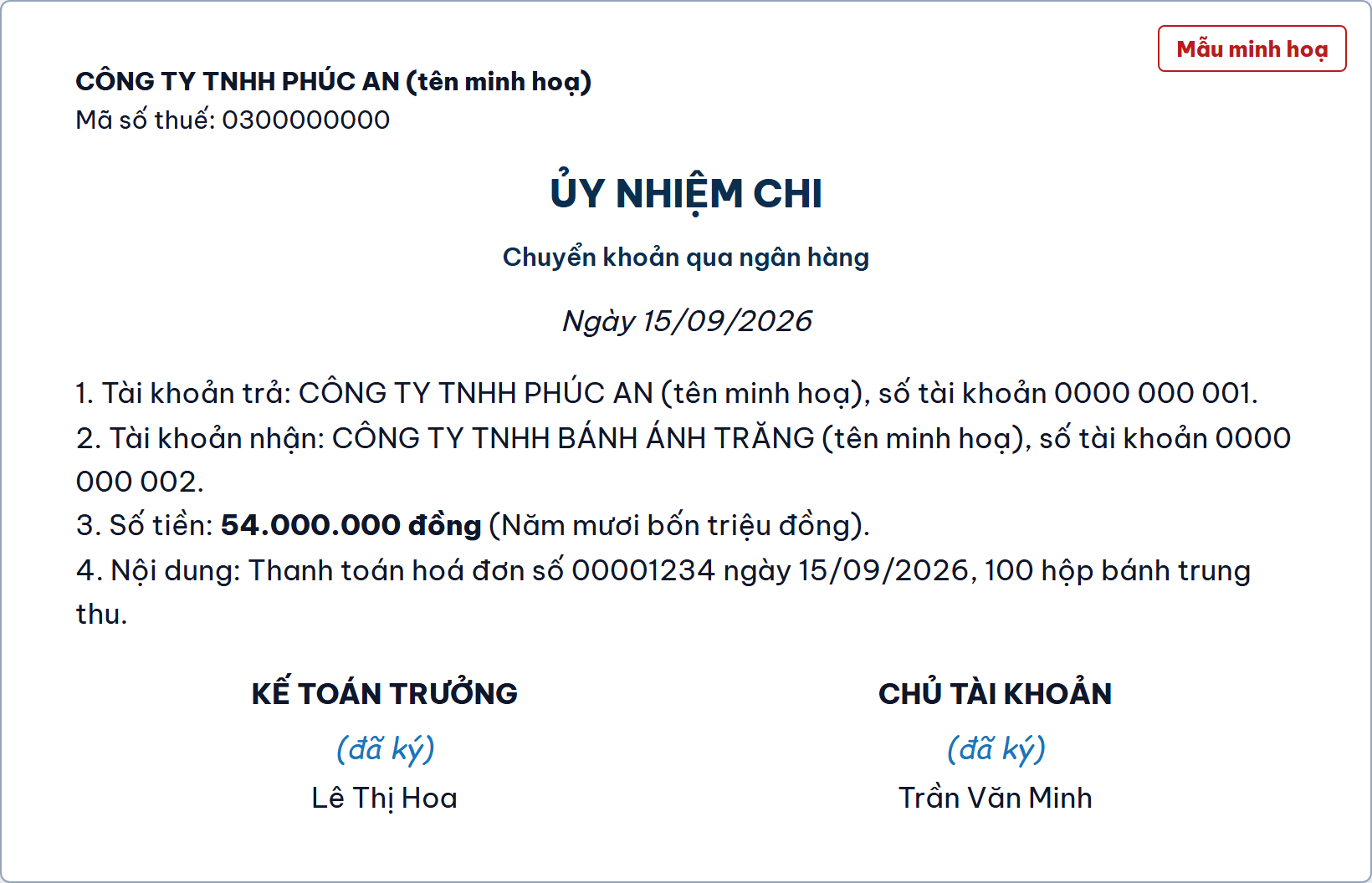 Ủy nhiệm chi 54.000.000 đồng, khớp số tiền hoá đơn mua, mẫu minh hoạ của Công ty TNHH Phúc An (tên minh hoạ)