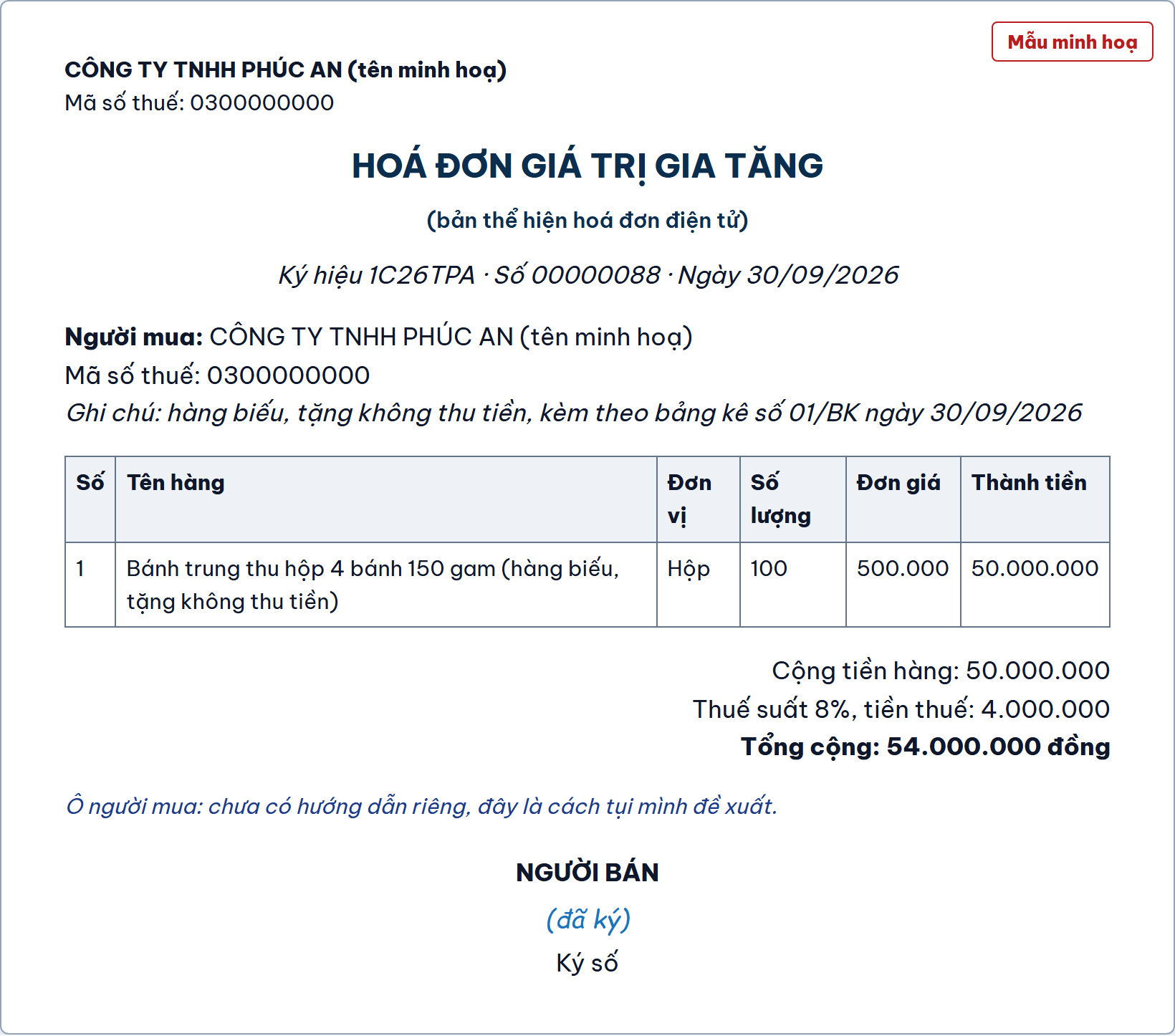 Hoá đơn hàng biếu, tặng đầu ra, ghi 