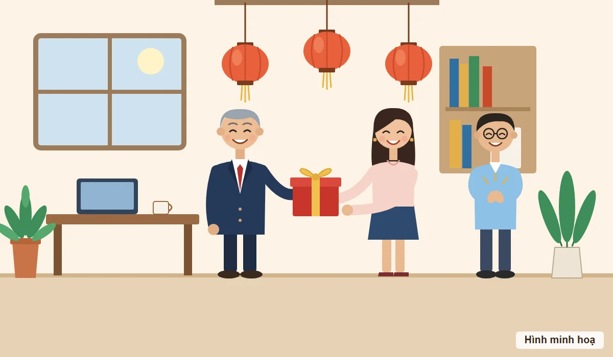 Hình minh hoạ phẳng: giám đốc trao hộp quà thắt nơ cho nhân viên nữ, nhân viên nam vỗ tay, văn phòng treo đèn lồng giấy và có cây xanh