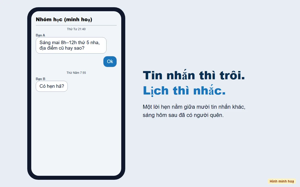 Hình minh hoạ điện thoại có nhóm chat: một người hẹn sáng mai 8 giờ đến 12 giờ thứ Năm, sáng hôm sau người khác hỏi có hẹn hả