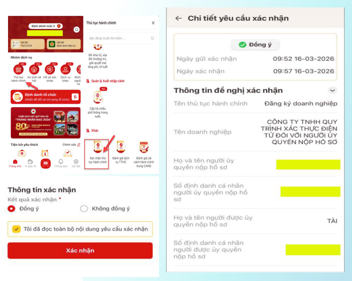 Màn hình ứng dụng VNeID: vào mục Xác nhận thủ tục hành chính, màn hình Thông tin xác nhận có nút Đồng ý và Xác nhận, và màn hình Chi tiết yêu cầu xác nhận sau khi hoàn tất